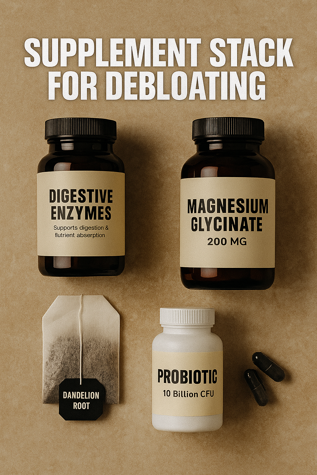 Supplement stack including magnesium, probiotics, enzymes, and dandelion root tea